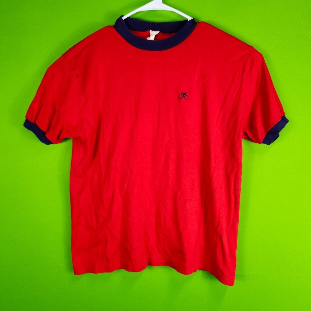 Vintage Red Ringer T-Shirt With Embroidered Bicycle Design Navy Accents Size L